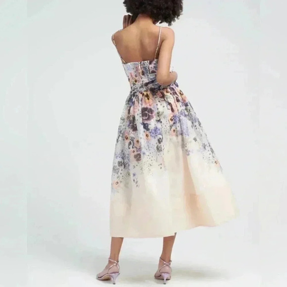 Zimmermann Tama Corset Linen Silk Midi Dress 1 US6 Floral Pansy Waist Tie Belted - Picture 7 of 16